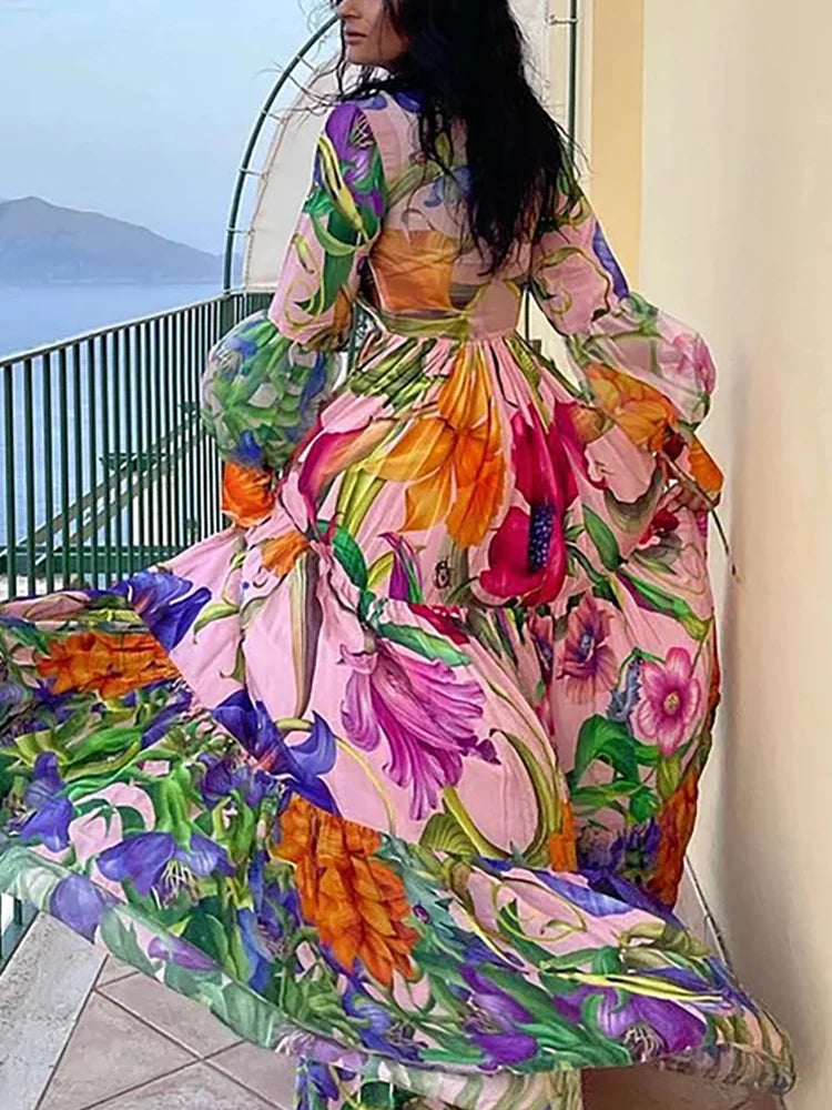 Deep V Lantern Sleeve Printed Swimsuit Set