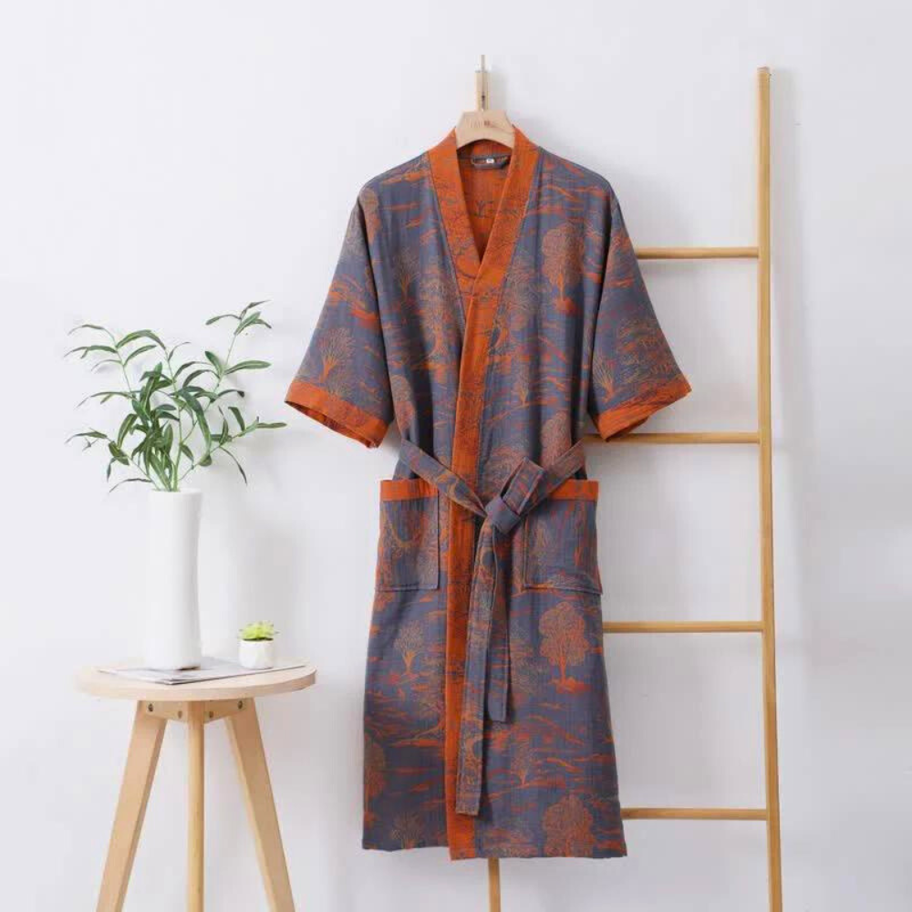 Japanese-style cotton kimono robe with nature print, short sleeves, front pockets, and waist belt for loungewear or sleepwear