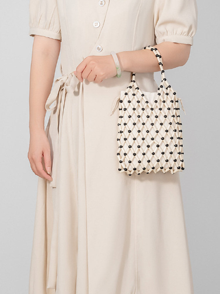 Hollow-Out Wooden Bead Woven Tote Bag