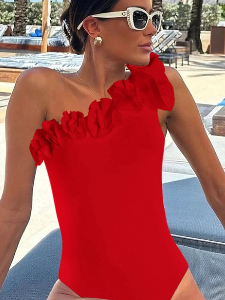 One-Shoulder 3D Floral Honeymoon Swimsuit