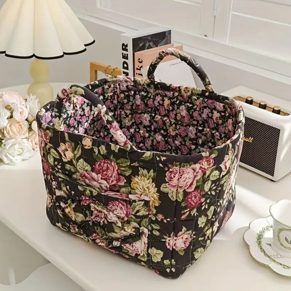 Vintage floral fabric storage basket with handles, quilted collapsible organizer for home decor and storage
