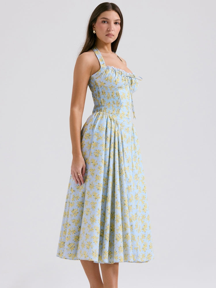 Soft Blue Vintage Floral Print Backless Tank Dress