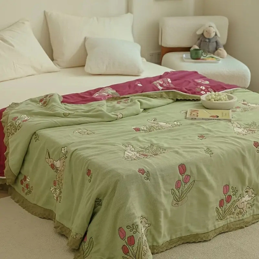 Embroidered Bunny Floral Cotton Blanket
