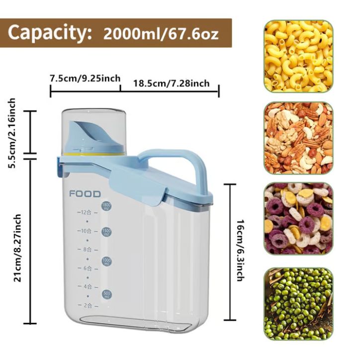 Airtight plastic food storage containers with measuring cup lid, kitchen canisters for rice, grains, beans, and cereals