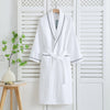 Pink waffle bathrobe with shawl collar, front pockets, and waist belt – lightweight cotton robe for women