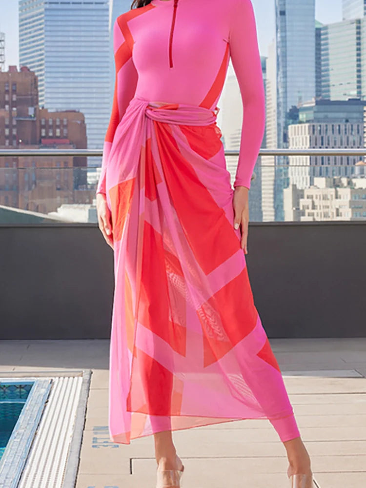 Colorblock Long Sleeve Surf Swimsuit Set