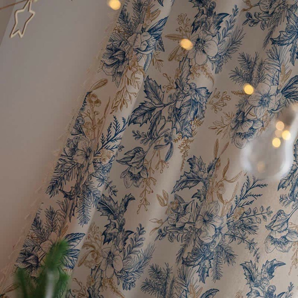 Farmhouse Botanical Blue Floral Curtain