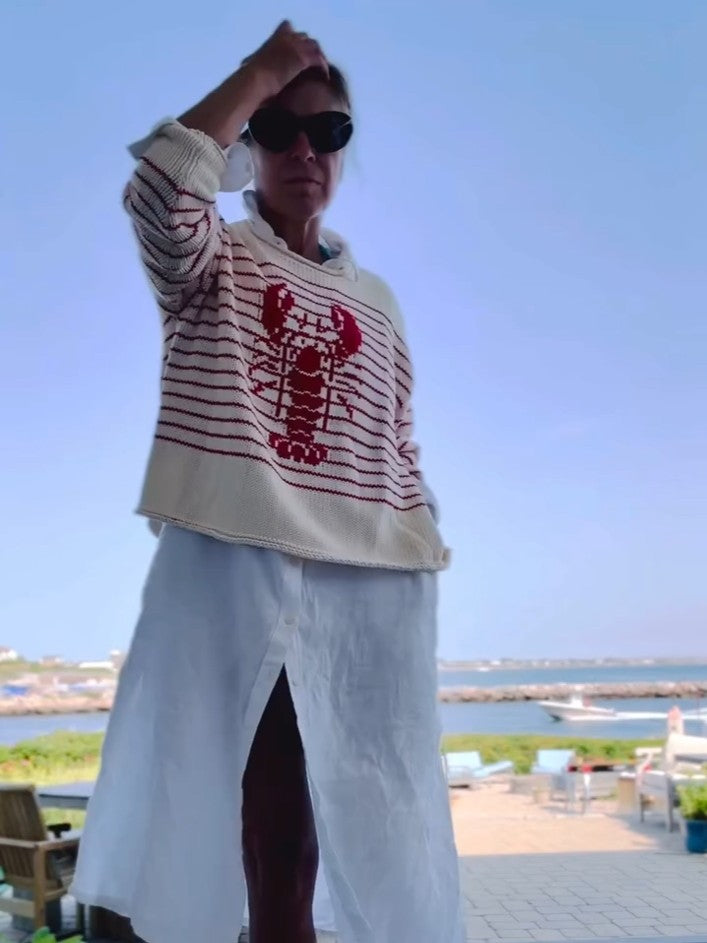 Cream & Red Striped Lobster Graphic Sweater