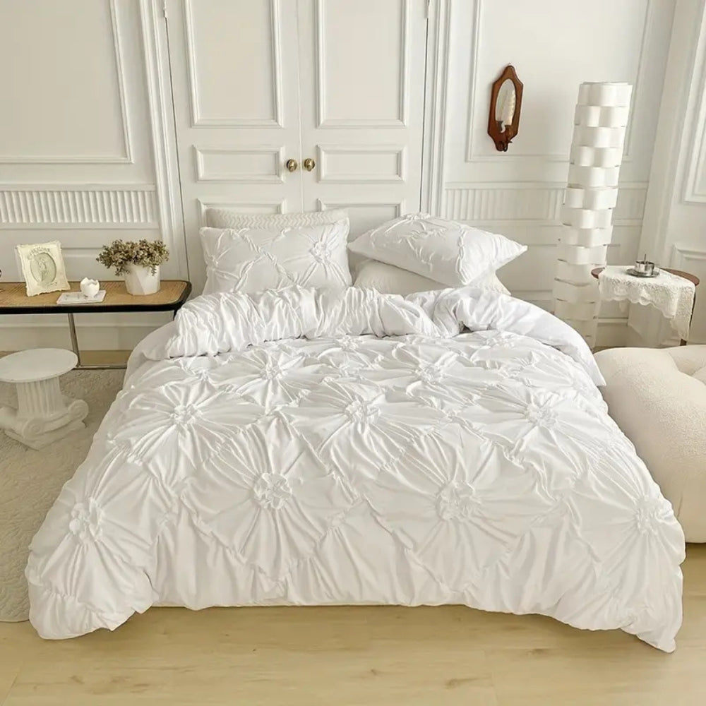 Luxury cream ruched bedding set with floral tufted design, soft cotton duvet cover and pillow shams for elegant bedroom decor
