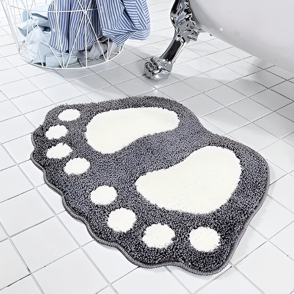 Gray footprint bath mat with soft plush texture, absorbent and non-slip bathroom rug for shower and tub