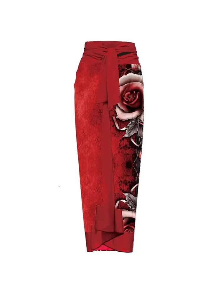 3D Red Floral Bust Accent Printed Swimsuit