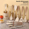 12-piece Nordic kitchen utensil set with non-stick silicone tools and wooden handles, heat-resistant cooking spoons, spatulas, and whisk