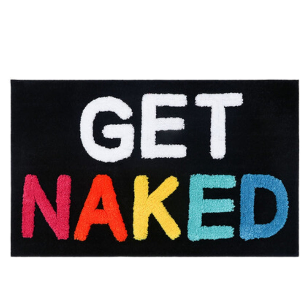 Pink bath mat with bold red ‘Get Naked’ lettering, soft absorbent funny bathroom rug for modern decor