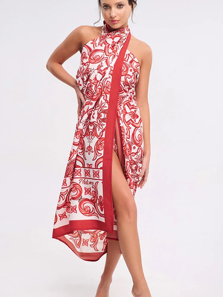Ethnic Print One-Piece Swimsuit Set