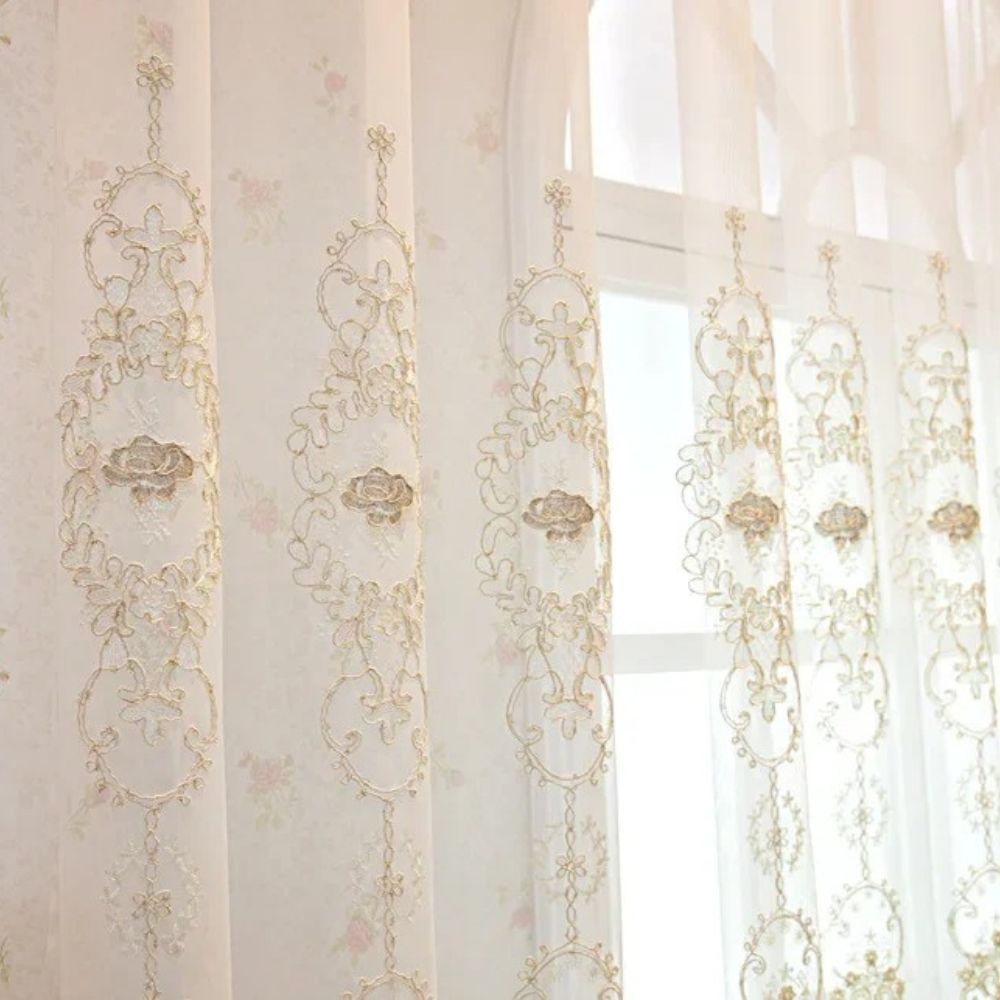 Elegant lace sheer curtains with floral embroidery, luxury window drapes for bedroom or living room decor