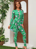 Green Zip Long Sleeve Printed Surf Swimsuit Set