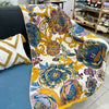 Floral throw blanket with cream background and bold blue yellow flower pattern, soft decorative sofa and bed cover