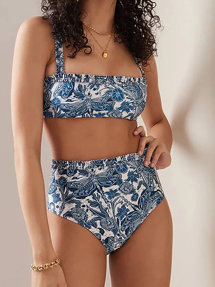 Blue Dragonfly Ruffle Skirt Swimsuit Set