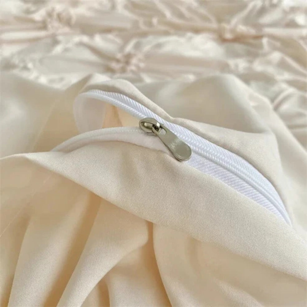 Luxury cream ruched bedding set with floral tufted design, soft cotton duvet cover and pillow shams for elegant bedroom decor