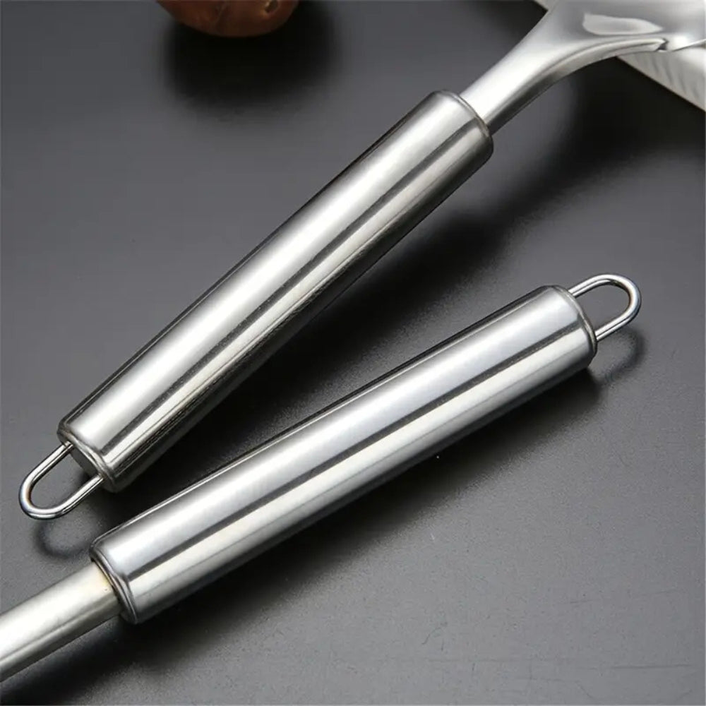 5-piece stainless steel kitchen utensil set with wok spatula, slotted spatula, ladle, skimmer, and serving spoon for cooking