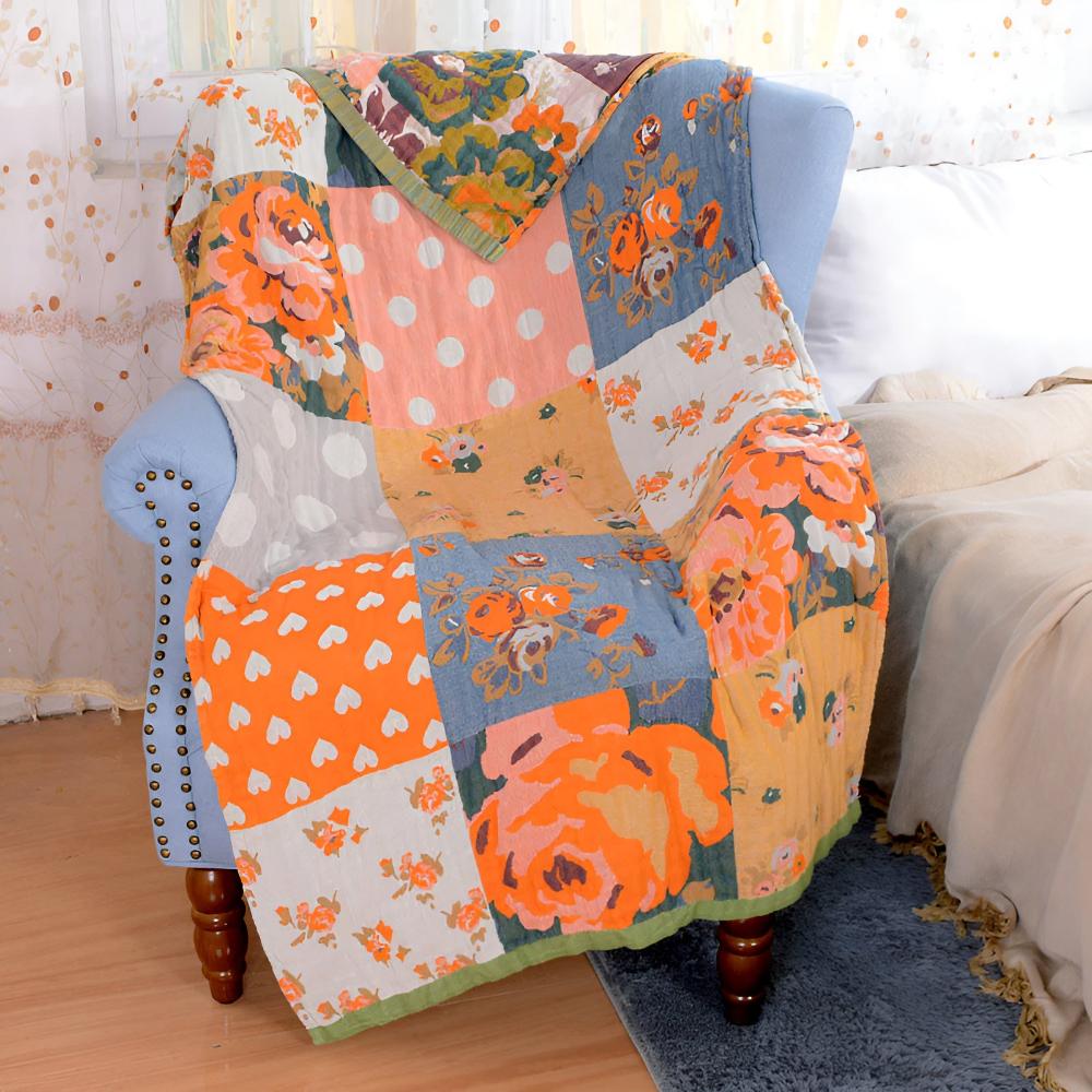 Colorful patchwork throw blanket with floral, polka dot, and heart patterns, soft decorative sofa and bed cover