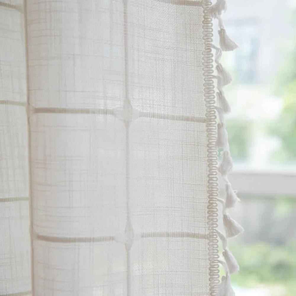 Light green sheer shower curtain with grid pattern and tassel trim, waterproof bathroom curtain for modern home decor