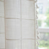 Light green sheer shower curtain with grid pattern and tassel trim, waterproof bathroom curtain for modern home decor