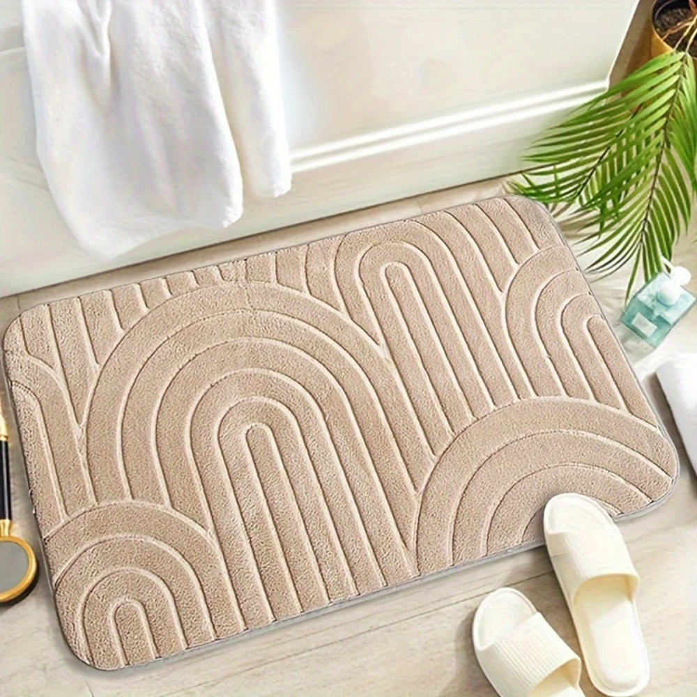 Dark brown bath mat with raised arch pattern, soft absorbent non-slip rug for bathroom floor and shower