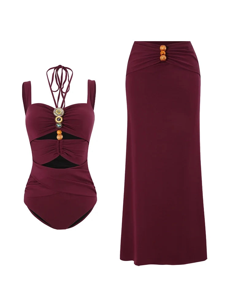 Burgundy Boho Beaded Cutout Swimsuit Set