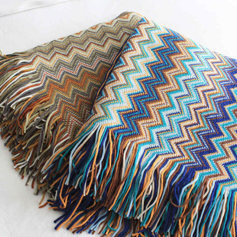Multicolor Zigzag Tasseled Knit Throw