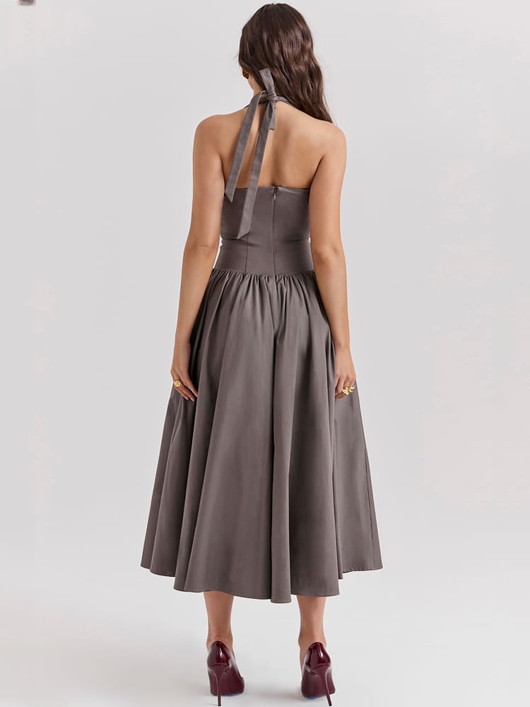 Halter Neck Midi Dress with Side Slit - Smoky Gray