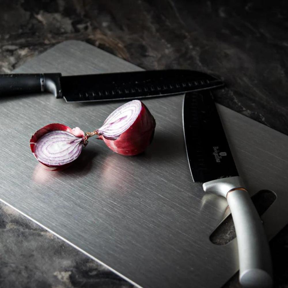 Stainless steel cutting board with handle, durable kitchen chopping board for meat, vegetables, and food prep
