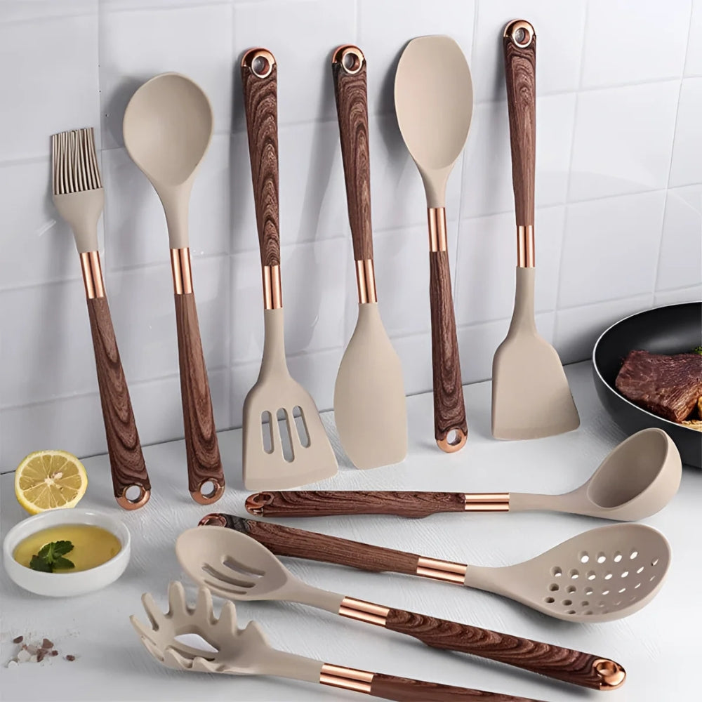 10-piece silicone kitchen utensil set with wood grain handles, heat-resistant cooking tools including spatulas, spoons, ladle, and pasta server