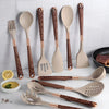 10-piece silicone kitchen utensil set with wood grain handles, heat-resistant cooking tools including spatulas, spoons, ladle, and pasta server