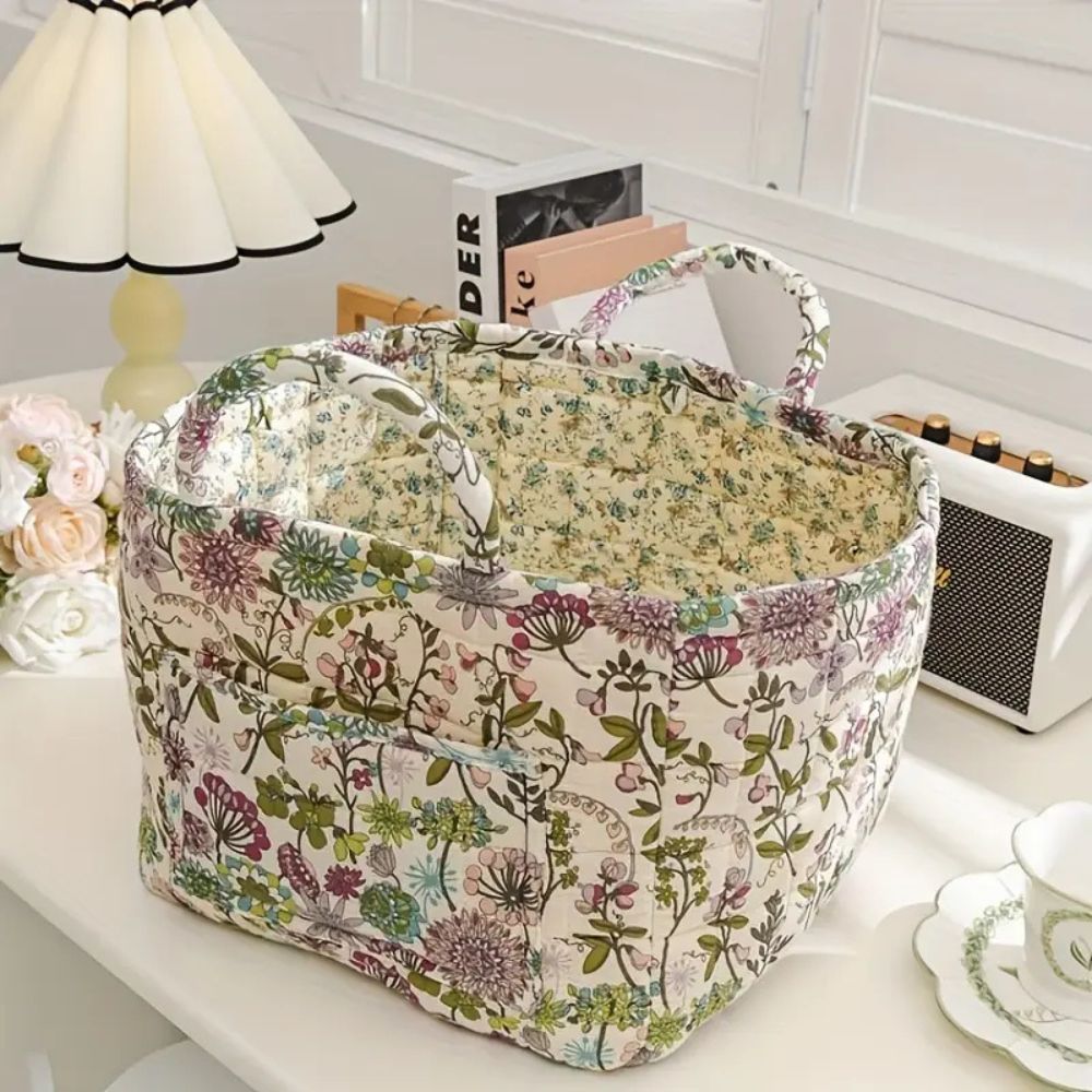 Vintage floral fabric storage basket with handles, quilted collapsible organizer for home decor and storage