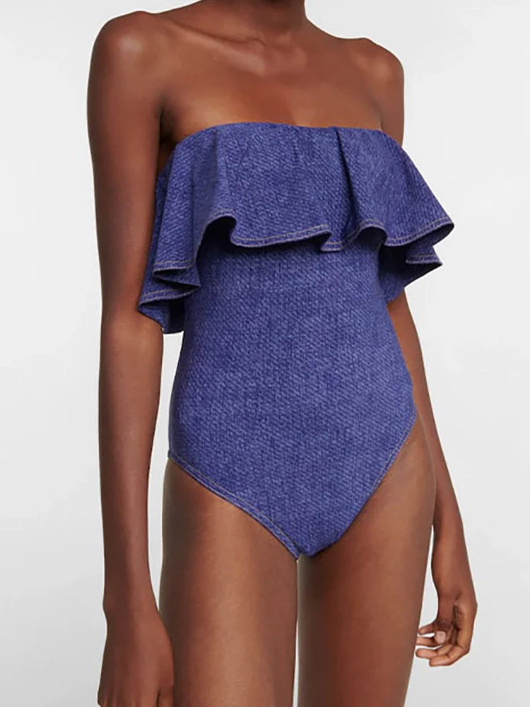 Denim Bandeau One Piece Swimsuit Set