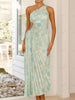 Pleated One-Shoulder Cut-Out Waist Floral Gown