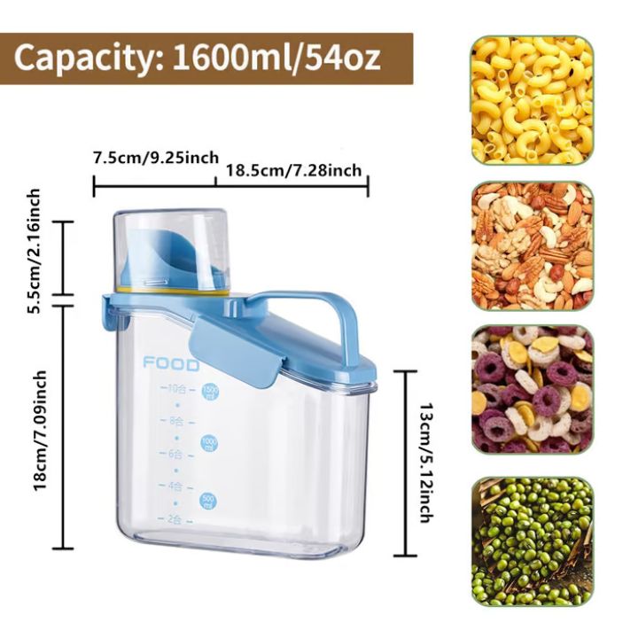 Airtight plastic food storage containers with measuring cup lid, kitchen canisters for rice, grains, beans, and cereals