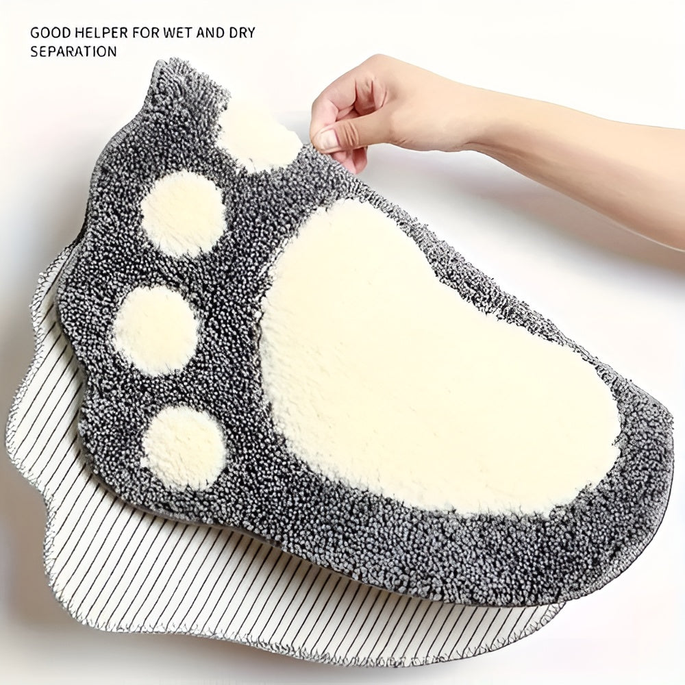Gray footprint bath mat with soft plush texture, absorbent and non-slip bathroom rug for shower and tub