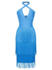 Halter Blue Fringe Bandage Dress