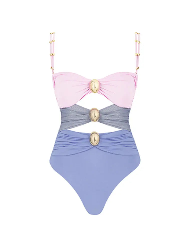 Morandi Pink Colorblock High-Waist Swimsuit Set