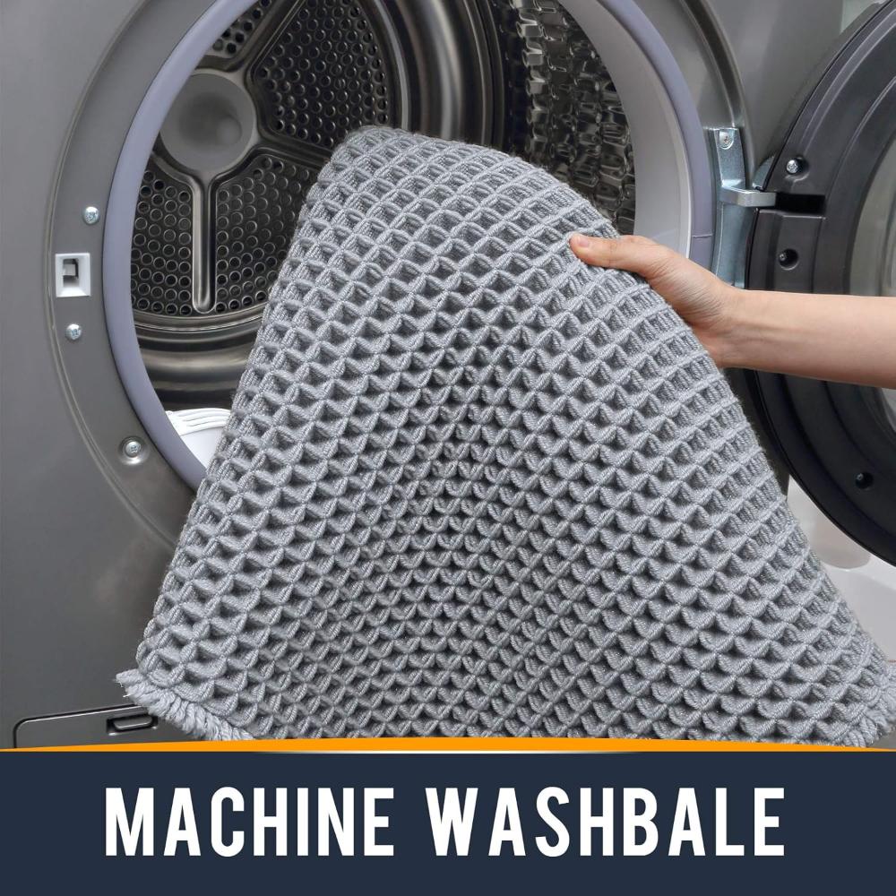 Anti-slip waffle bathroom rug in natural beige with textured weave, absorbent bath mat for shower and bathroom floor