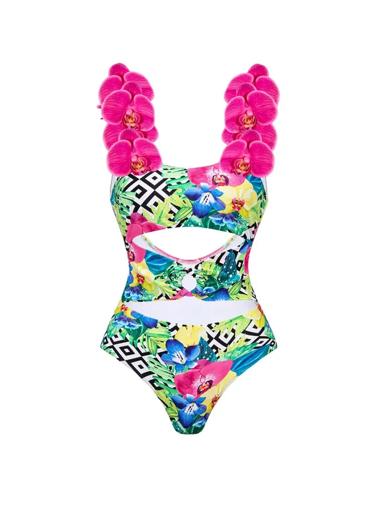 Orchid Strap Print Spaghetti Swimsuit Set