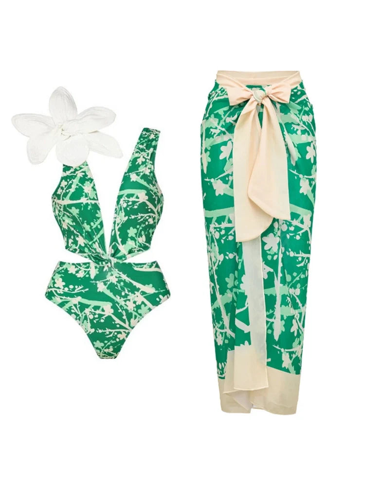 Floral Appliqué Green Printed One-Piece Swimsuit
