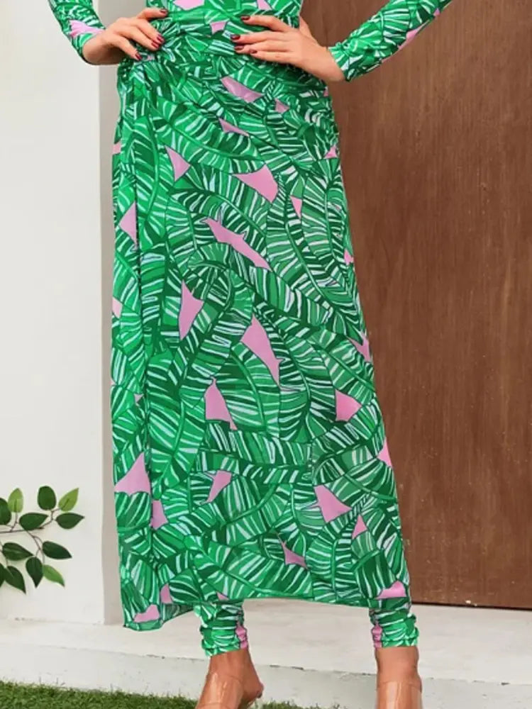 Green Zip Long Sleeve Printed Surf Swimsuit Set