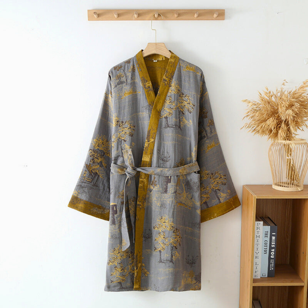 Long grey kimono robe with gold floral pattern – lightweight loungewear with belt for men and women