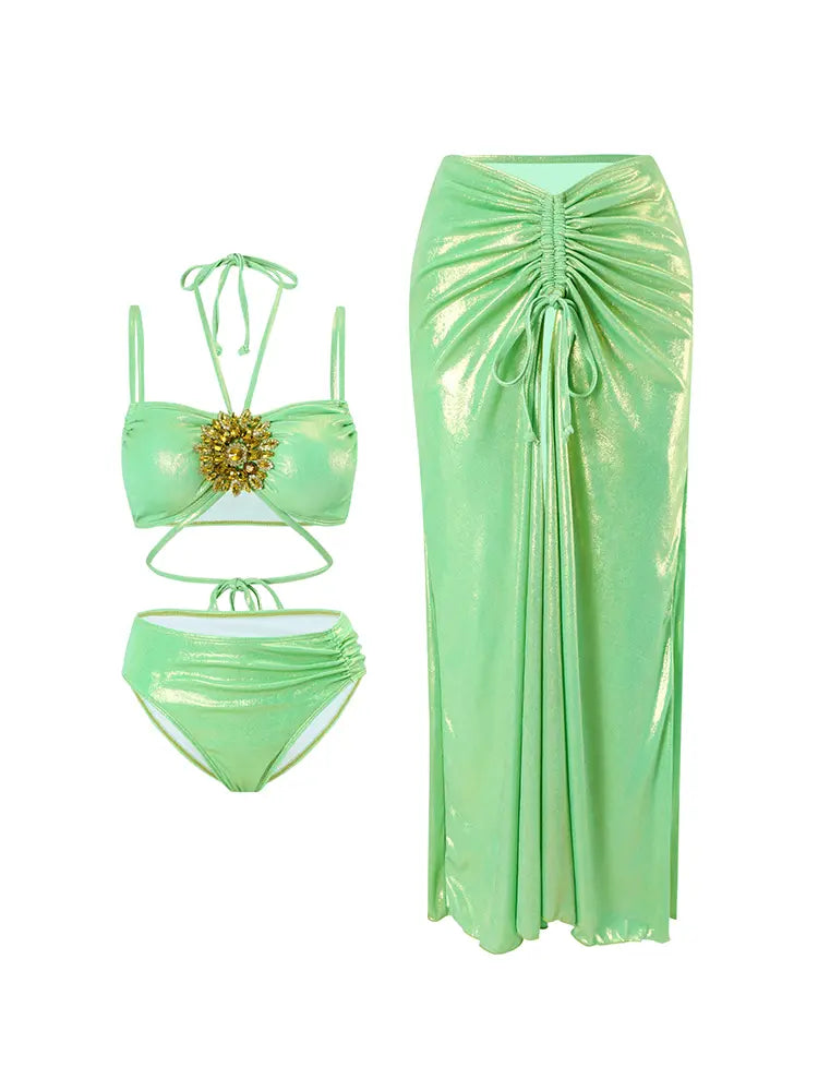 Mint Green Rhinestone Halter Bikini Set