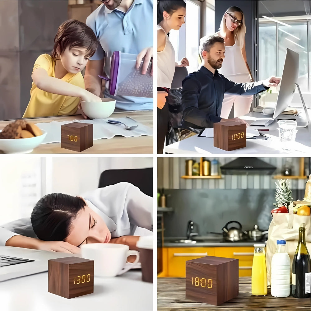 Wooden digital alarm clock with LED temperature display, modern cube desk clock for home or office