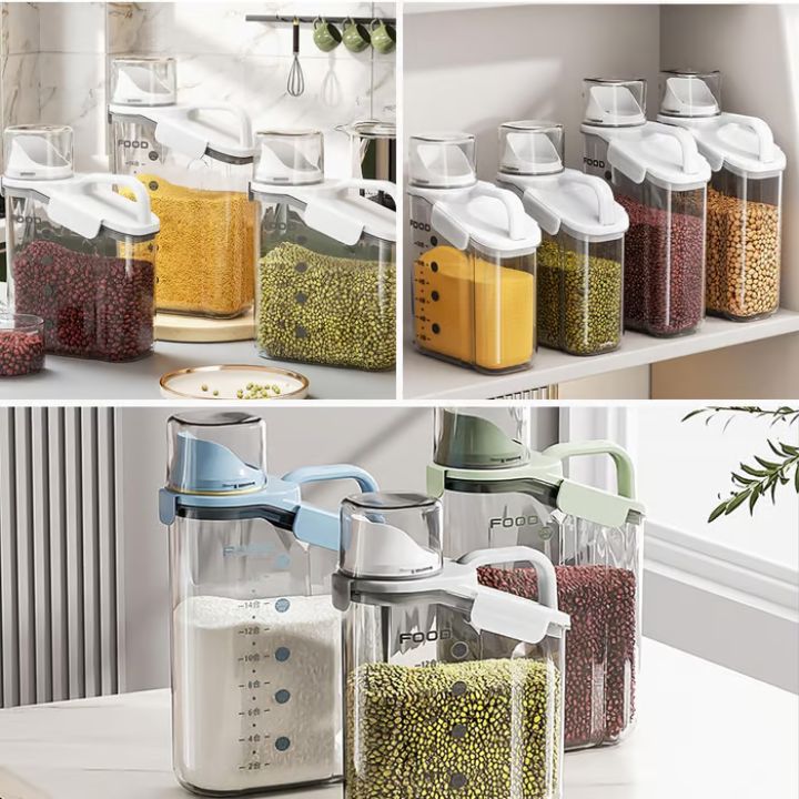 Airtight plastic food storage containers with measuring cup lid, kitchen canisters for rice, grains, beans, and cereals