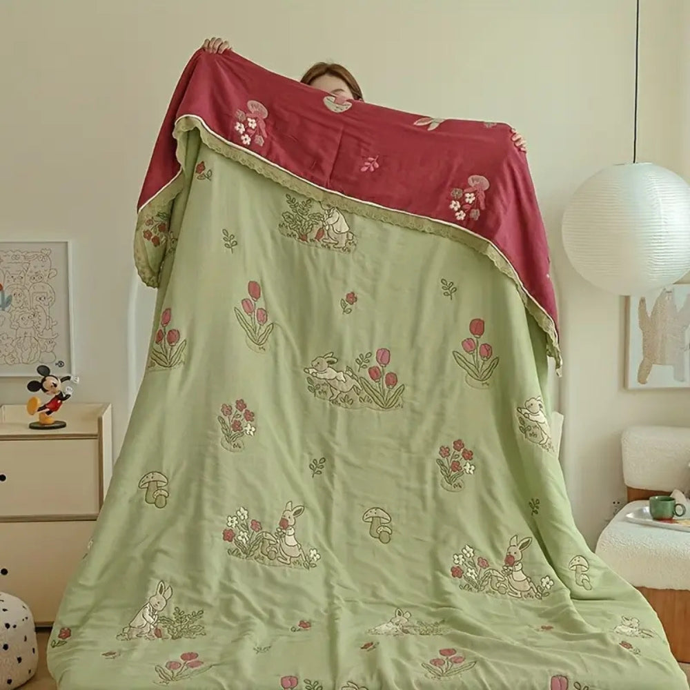 Embroidered Bunny Floral Cotton Blanket